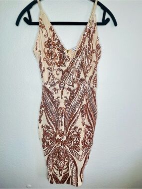 Fashion Nova Nude Dress with Rose Gold Sequin Embellishment